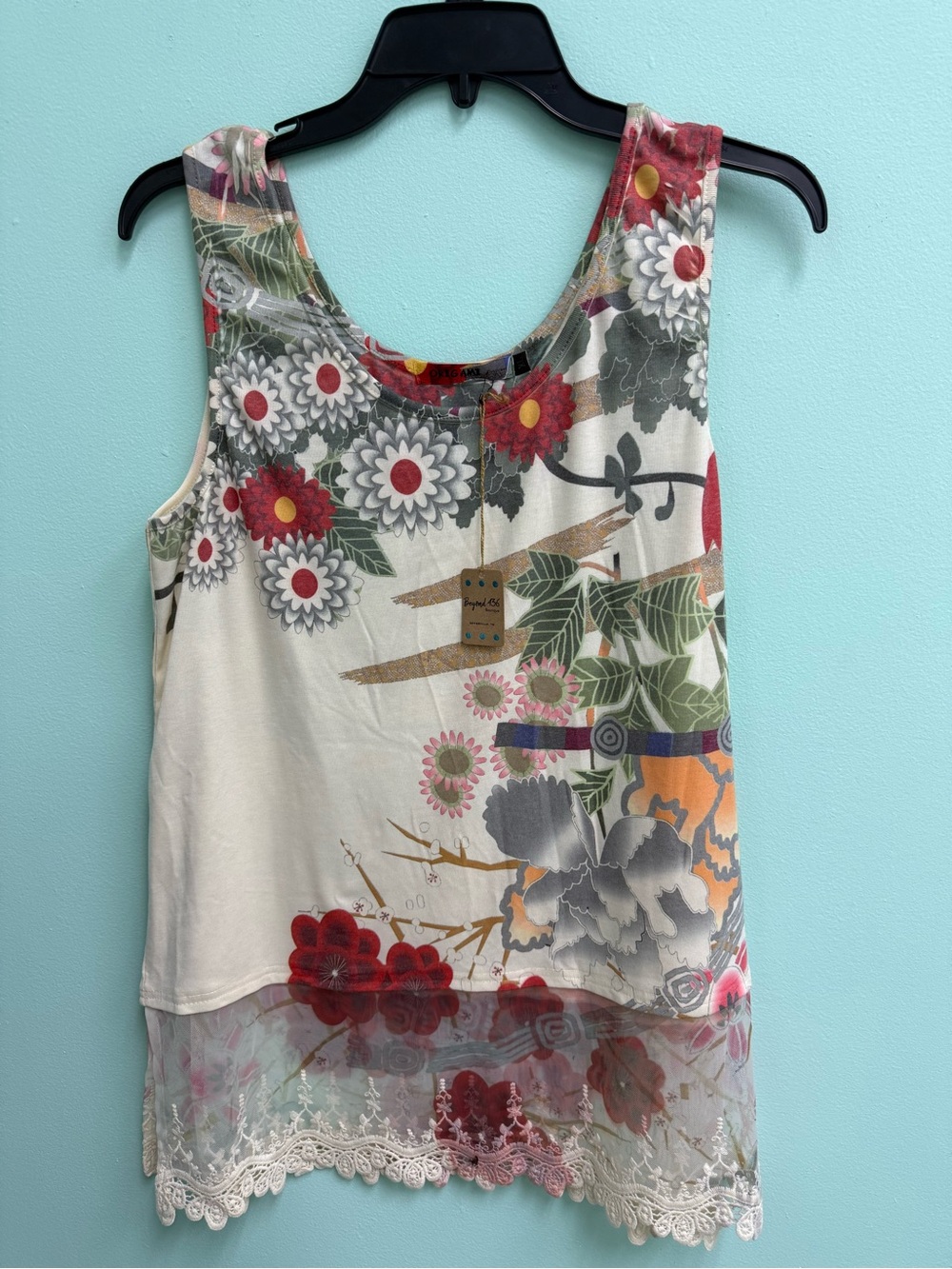 Floral Lace-Hem Tank Top - Cream with Red & Green